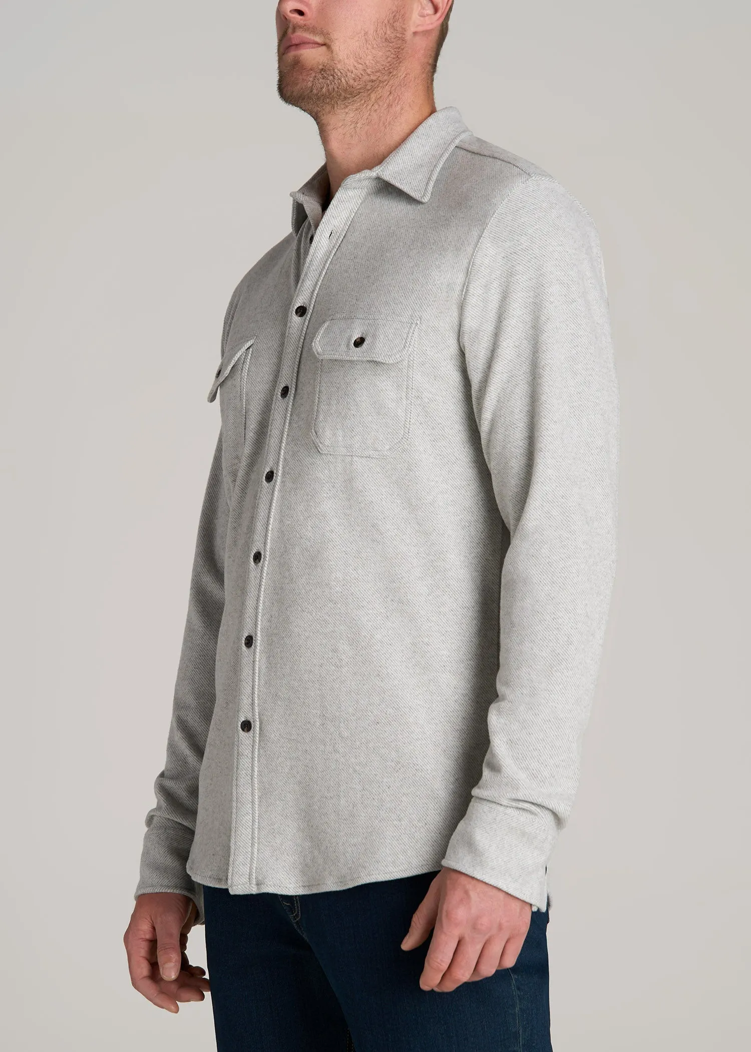 Stretch Flannel Button Tall Men's Shirt in Light Grey Mix