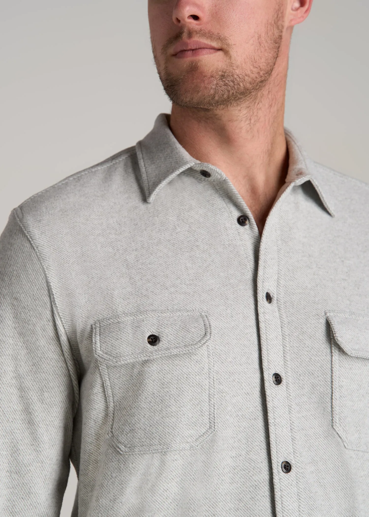 Stretch Flannel Button Tall Men's Shirt in Light Grey Mix