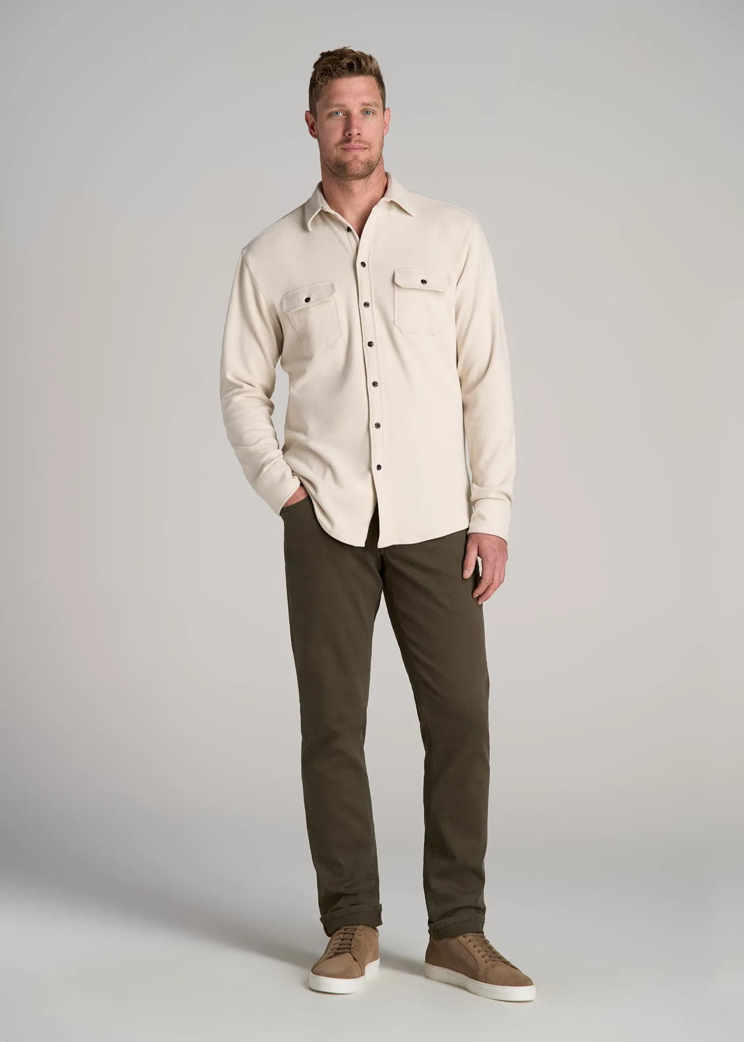 Stretch Flannel Button Tall Men's Shirt in Soft Beige