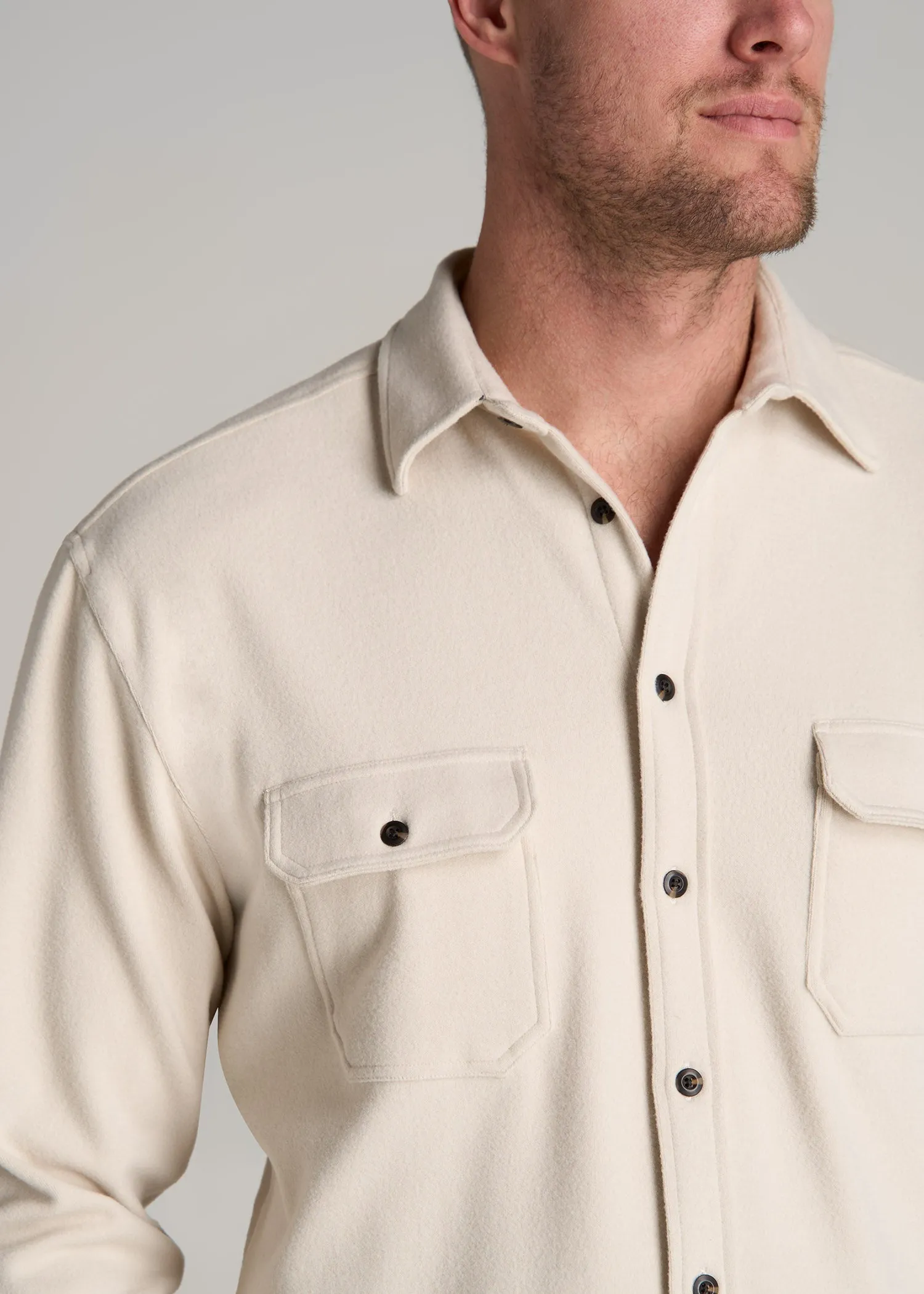 Stretch Flannel Button Tall Men's Shirt in Soft Beige