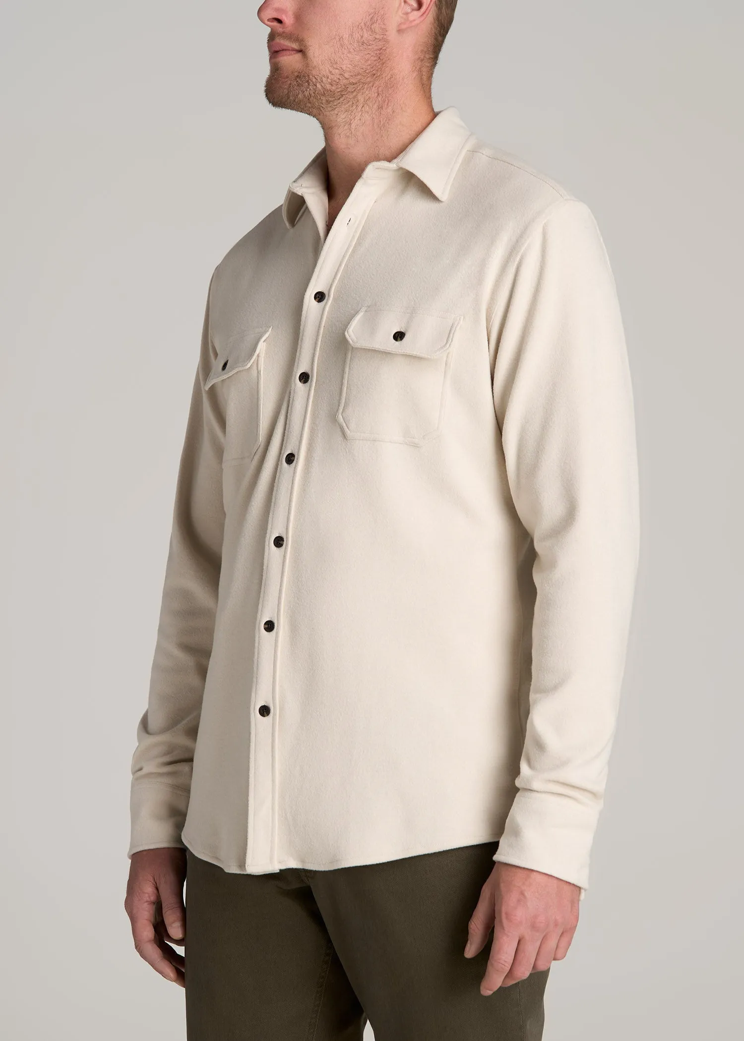 Stretch Flannel Button Tall Men's Shirt in Soft Beige