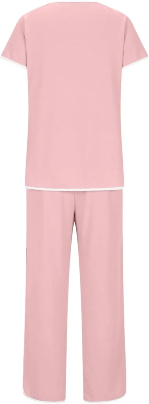 Stripe Trim Pajamas Set for Women Two-Piece Loungewear Short Sleeve Tops and Side Split Long Pants Soft Sleepwear