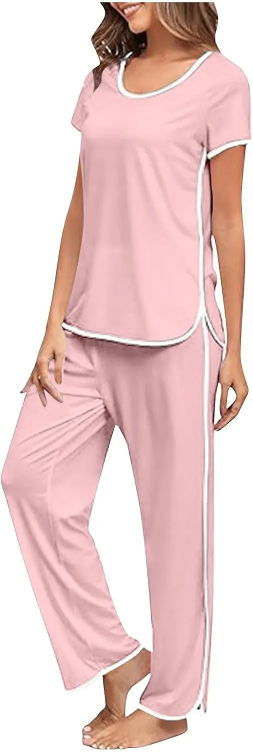 Stripe Trim Pajamas Set for Women Two-Piece Loungewear Short Sleeve Tops and Side Split Long Pants Soft Sleepwear