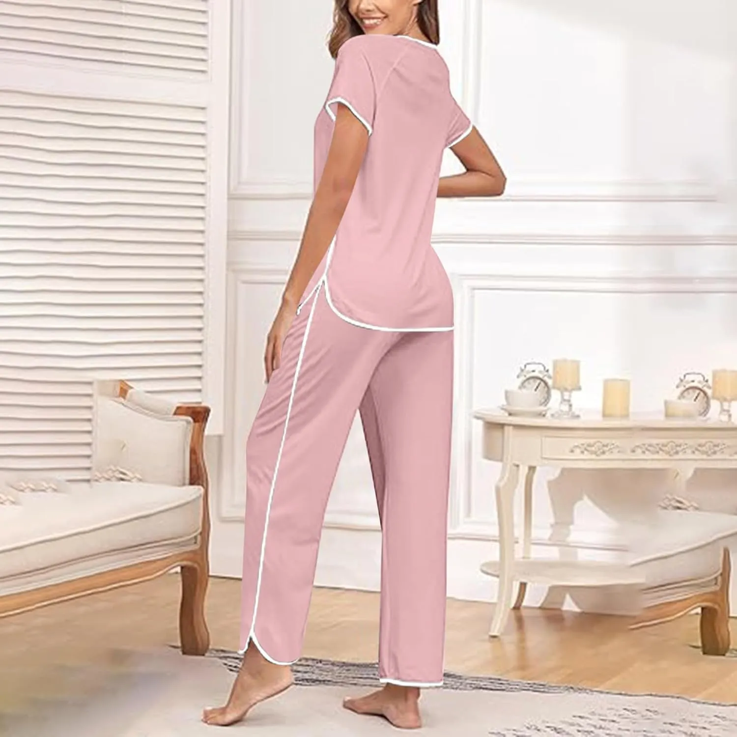 Stripe Trim Pajamas Set for Women Two-Piece Loungewear Short Sleeve Tops and Side Split Long Pants Soft Sleepwear