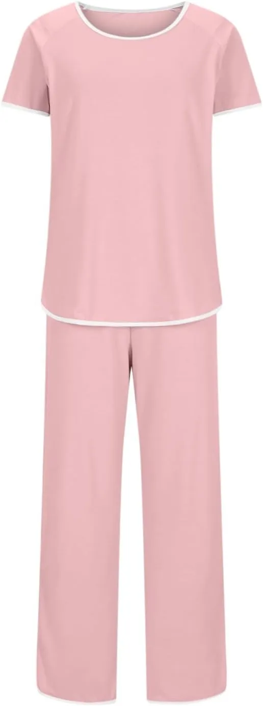 Stripe Trim Pajamas Set for Women Two-Piece Loungewear Short Sleeve Tops and Side Split Long Pants Soft Sleepwear