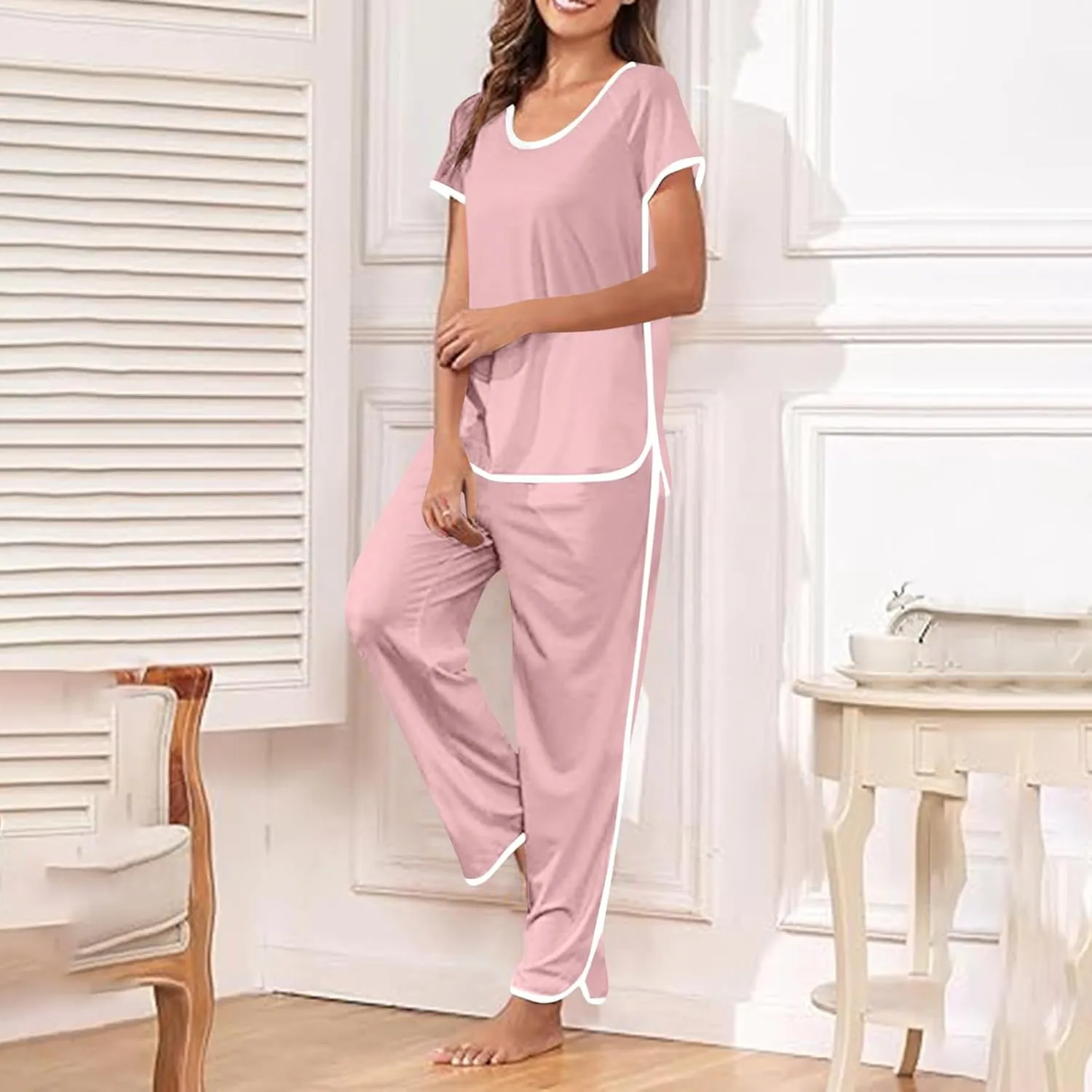 Stripe Trim Pajamas Set for Women Two-Piece Loungewear Short Sleeve Tops and Side Split Long Pants Soft Sleepwear