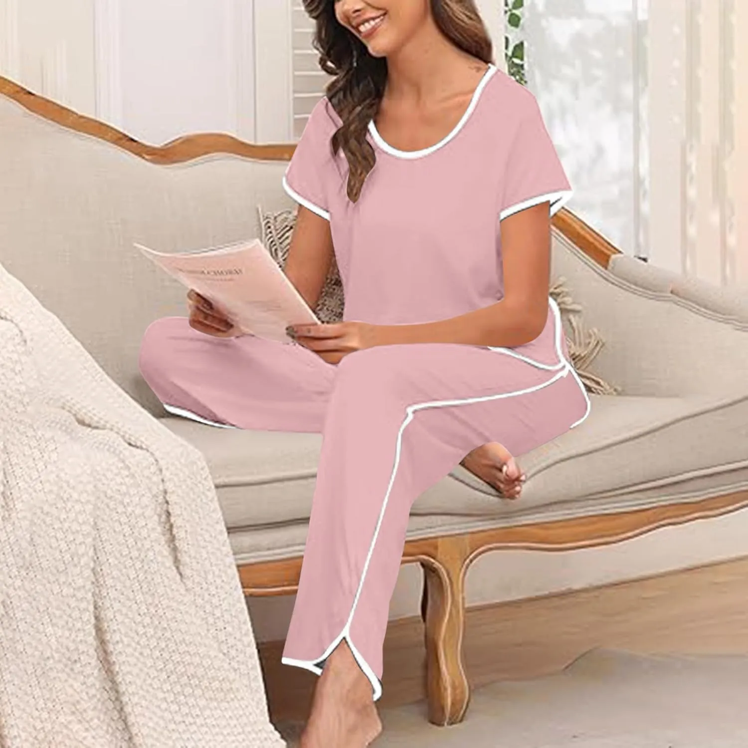 Stripe Trim Pajamas Set for Women Two-Piece Loungewear Short Sleeve Tops and Side Split Long Pants Soft Sleepwear
