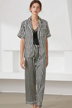 Striped Shirt Pants and Cami Satin Pajama Set
