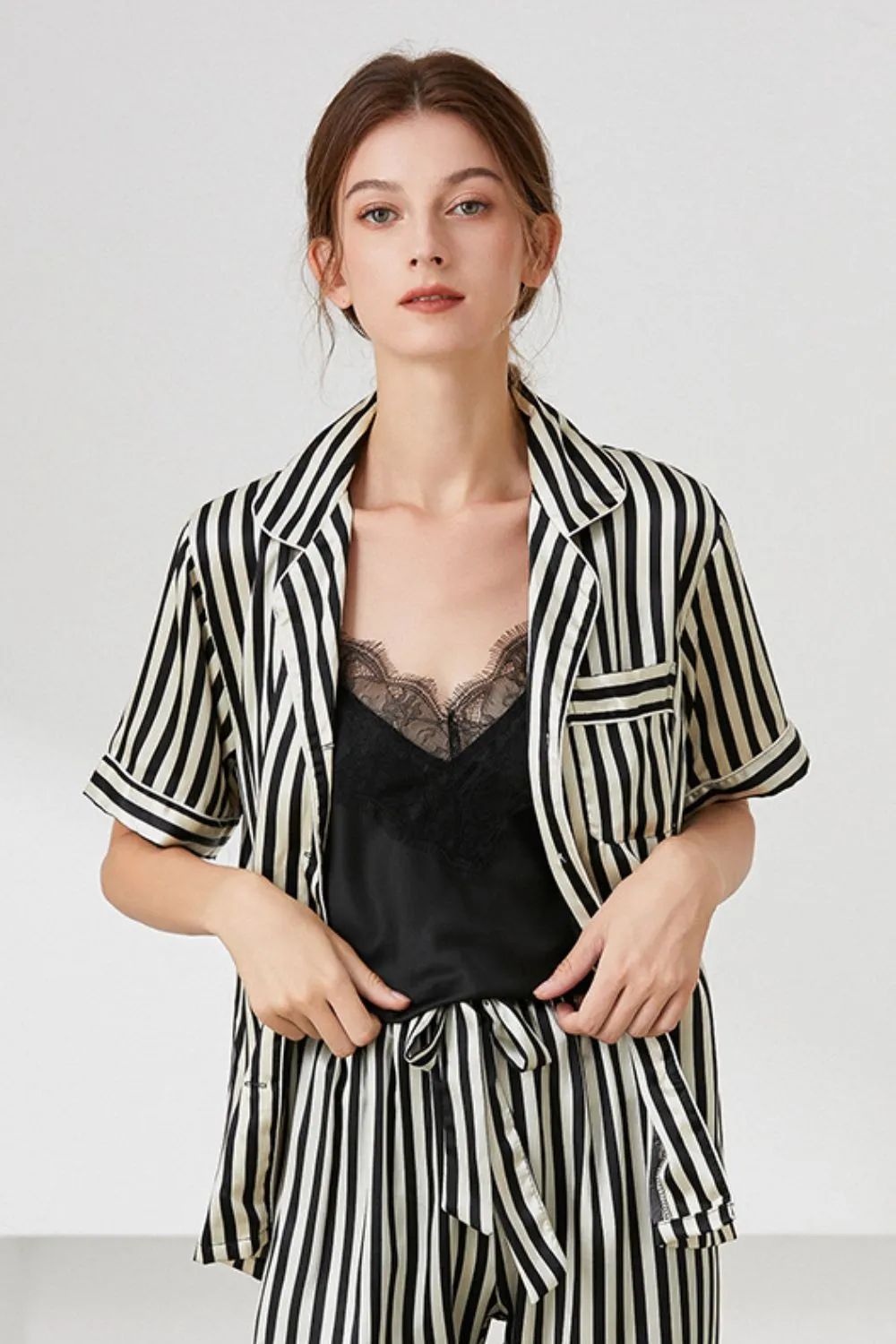 Striped Shirt Pants and Cami Satin Pajama Set