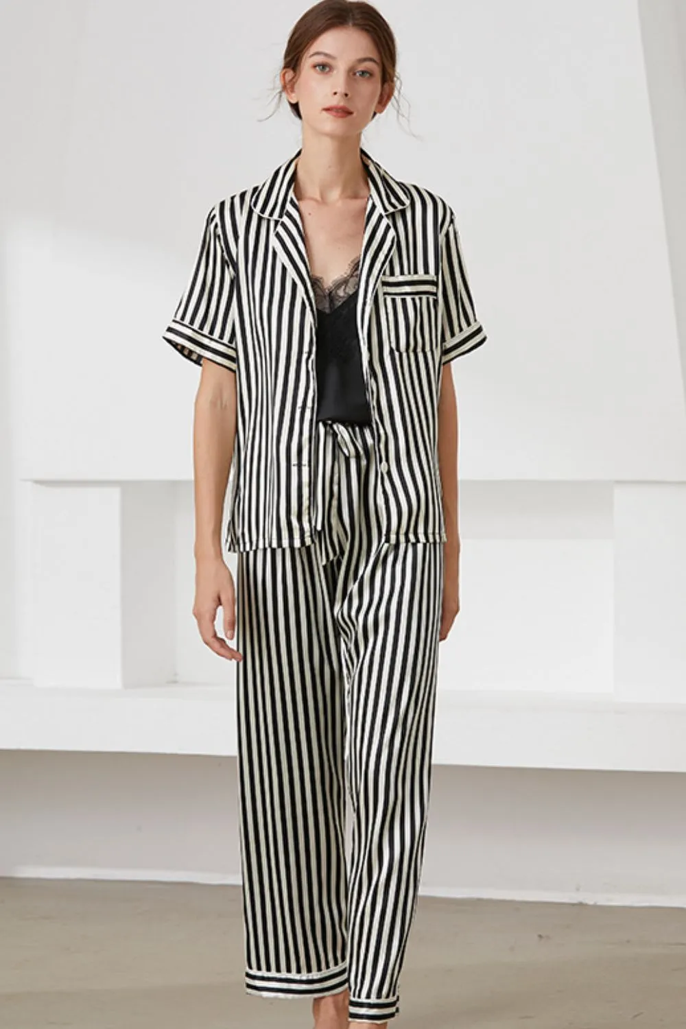 Striped Shirt Pants and Cami Satin Pajama Set