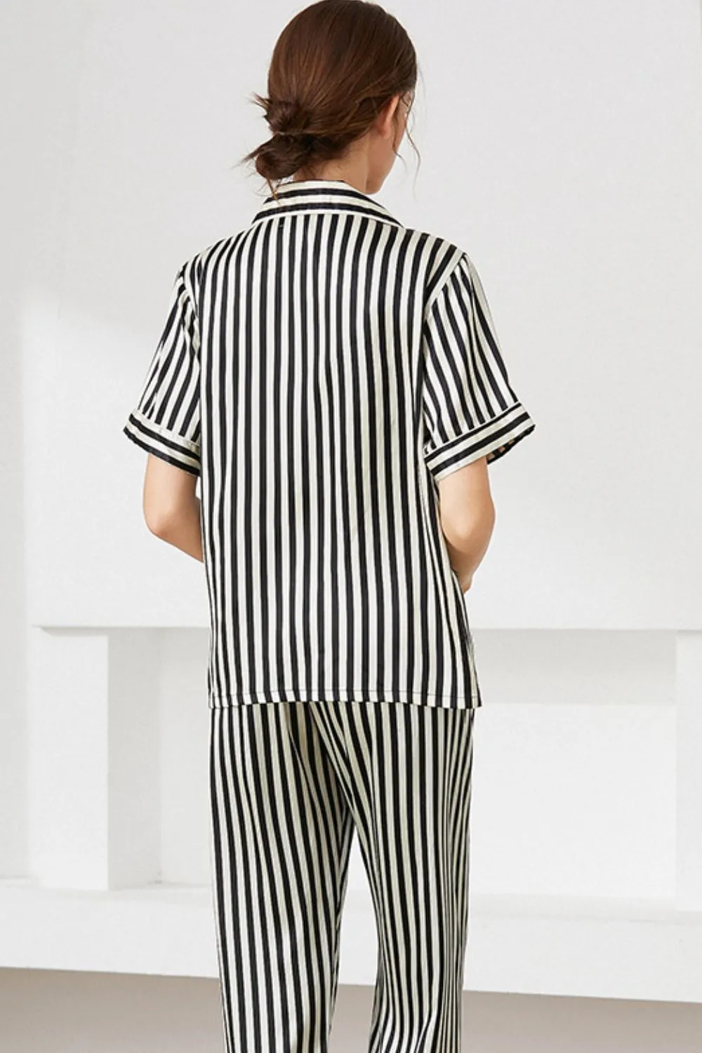 Striped Shirt Pants and Cami Satin Pajama Set