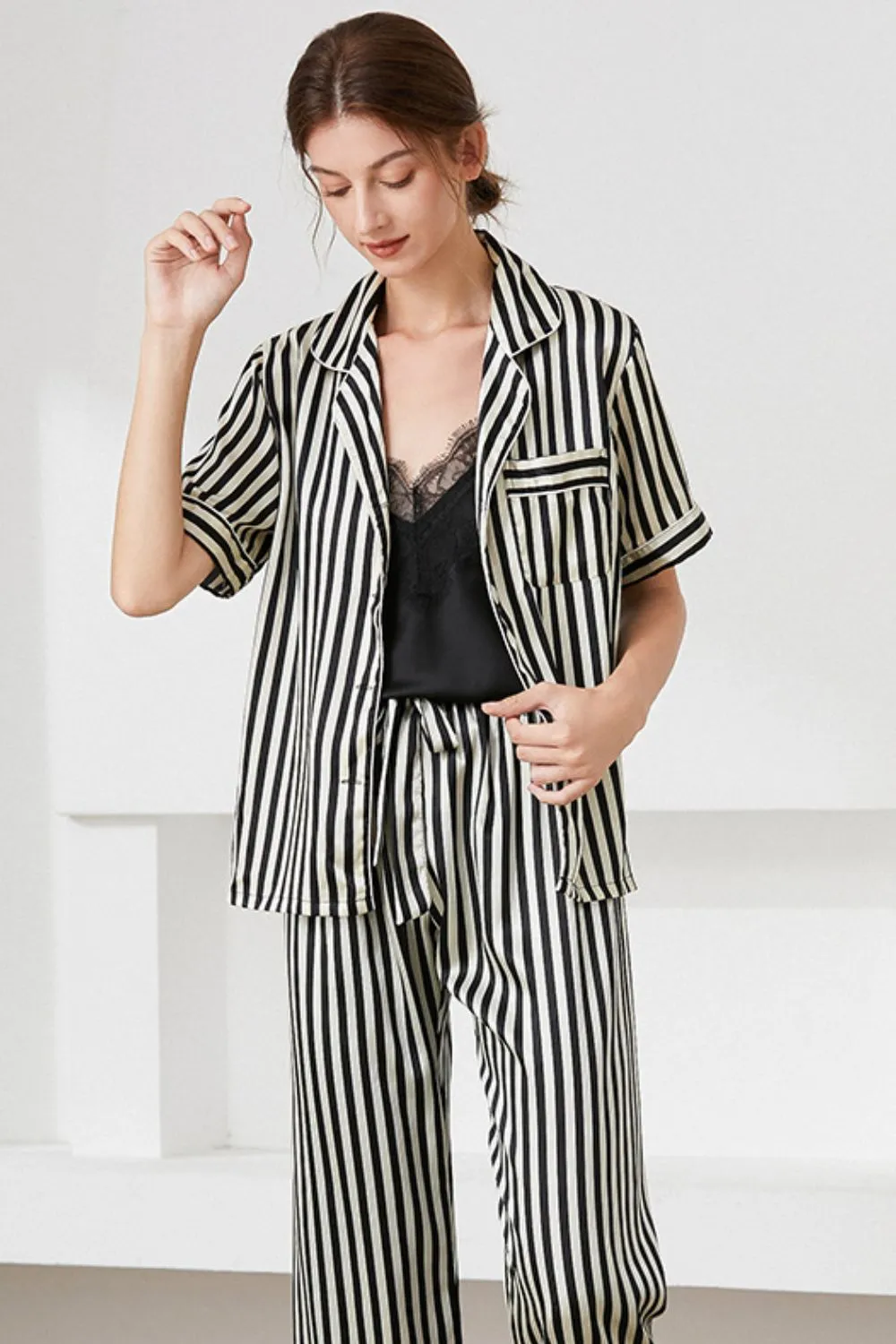 Striped Shirt Pants and Cami Satin Pajama Set