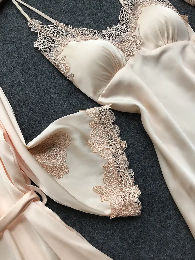 Stylish Sexy Women's Lace Silk Night Dress 4-piece Sets