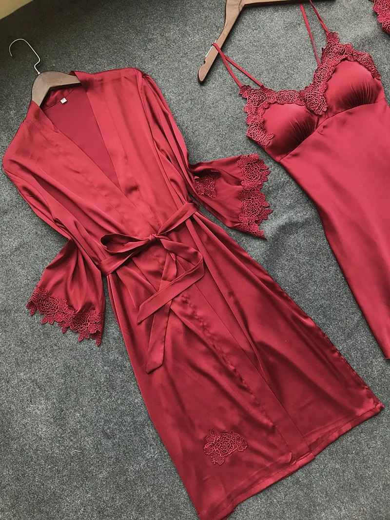 Stylish Sexy Women's Lace Silk Night Dress 4-piece Sets