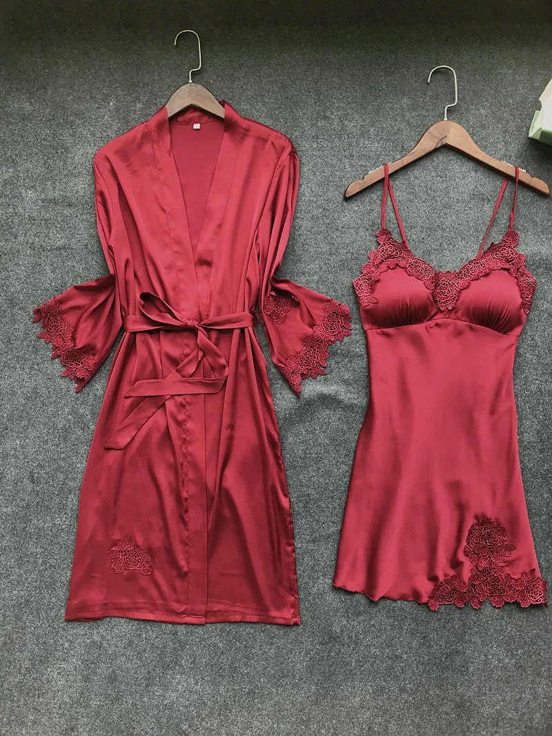 Stylish Sexy Women's Lace Silk Night Dress 4-piece Sets