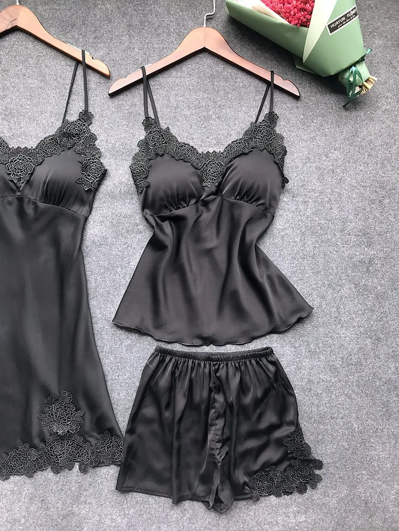 Stylish Sexy Women's Lace Silk Night Dress 4-piece Sets