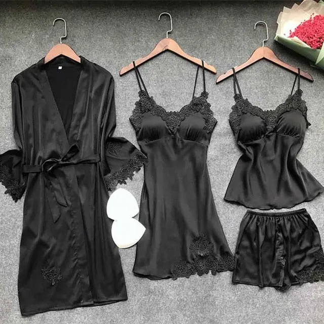 Stylish Sexy Women's Lace Silk Night Dress 4-piece Sets