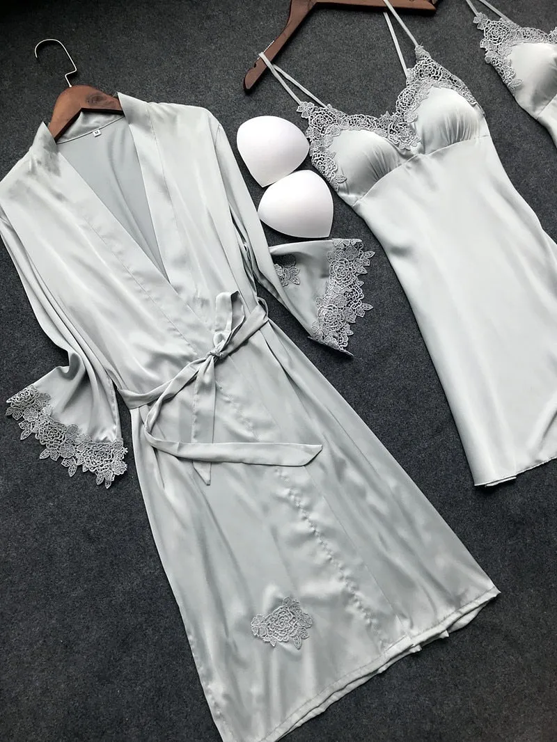 Stylish Sexy Women's Lace Silk Night Dress 4-piece Sets