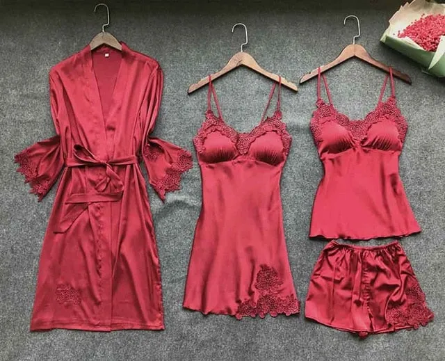 Stylish Sexy Women's Lace Silk Night Dress 4-piece Sets