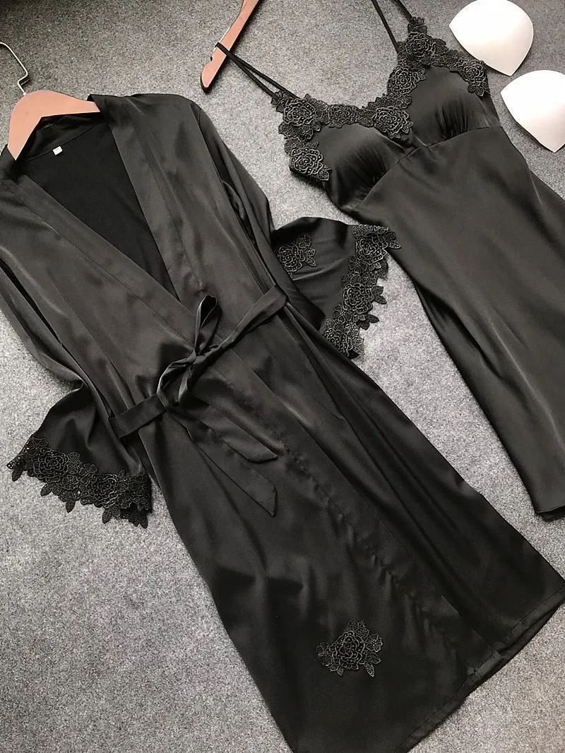 Stylish Sexy Women's Lace Silk Night Dress 4-piece Sets
