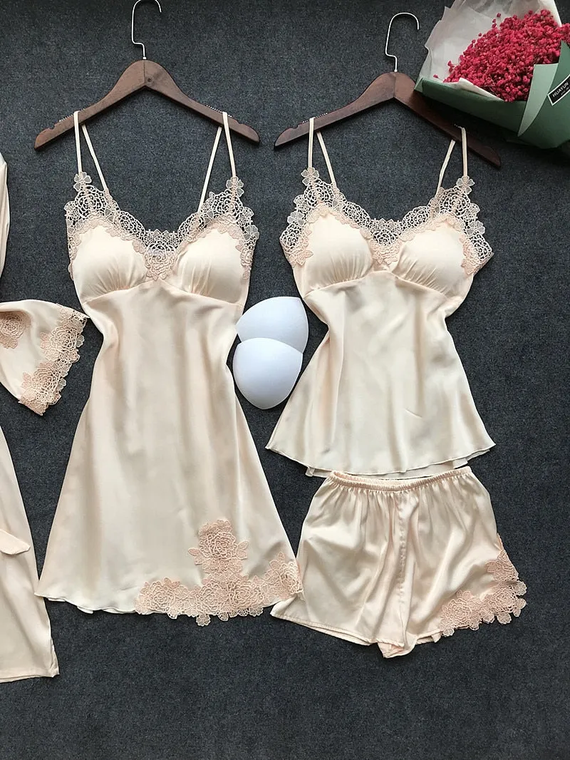 Stylish Sexy Women's Lace Silk Night Dress 4-piece Sets
