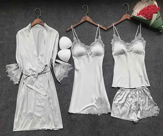 Stylish Sexy Women's Lace Silk Night Dress 4-piece Sets