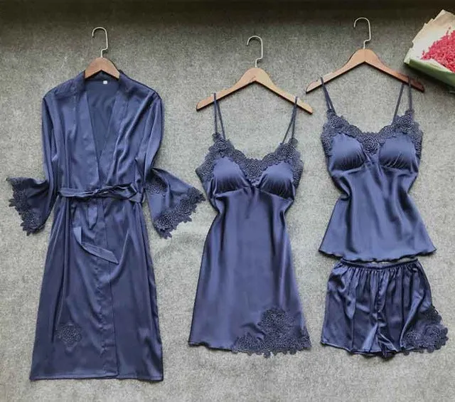 Stylish Sexy Women's Lace Silk Night Dress 4-piece Sets