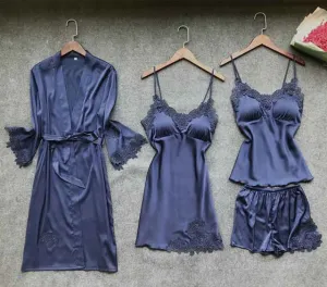 Stylish Sexy Women's Lace Silk Night Dress 4-piece Sets