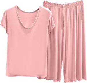 Summer Capri Pants Modal Pajama Sets Women Soft Comfy Lounge 2 Piece Outfits with Short Sleeve V Neck Tops Sleepwear