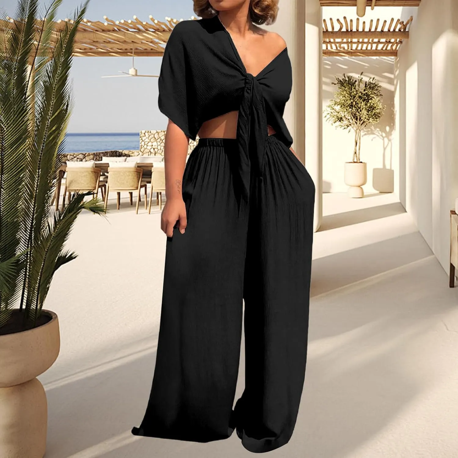 Summer Vacation Outfits for Women Two Piece Sets Deep V Neck Tie Front Knot Wrap Crop Top and Wide Leg Pants Set