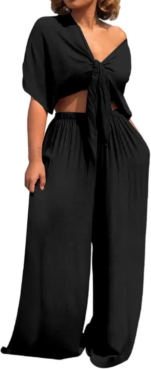 Summer Vacation Outfits for Women Two Piece Sets Deep V Neck Tie Front Knot Wrap Crop Top and Wide Leg Pants Set