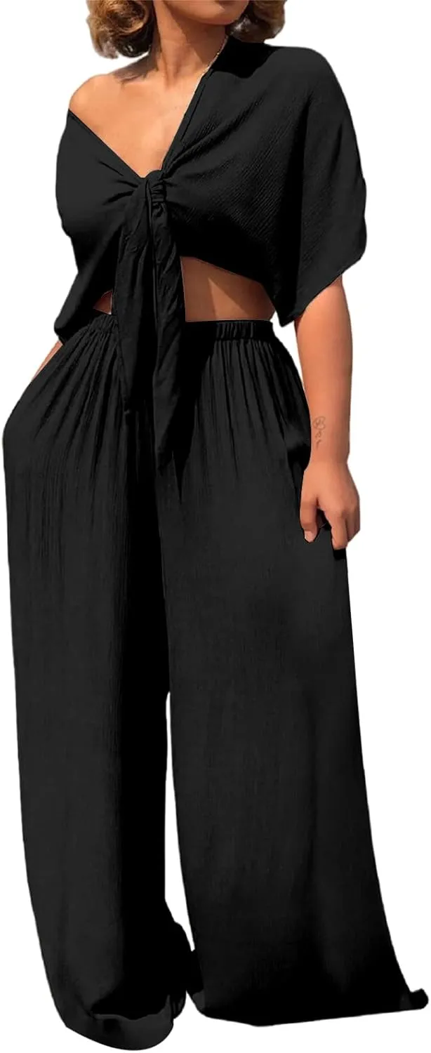 Summer Vacation Outfits for Women Two Piece Sets Deep V Neck Tie Front Knot Wrap Crop Top and Wide Leg Pants Set