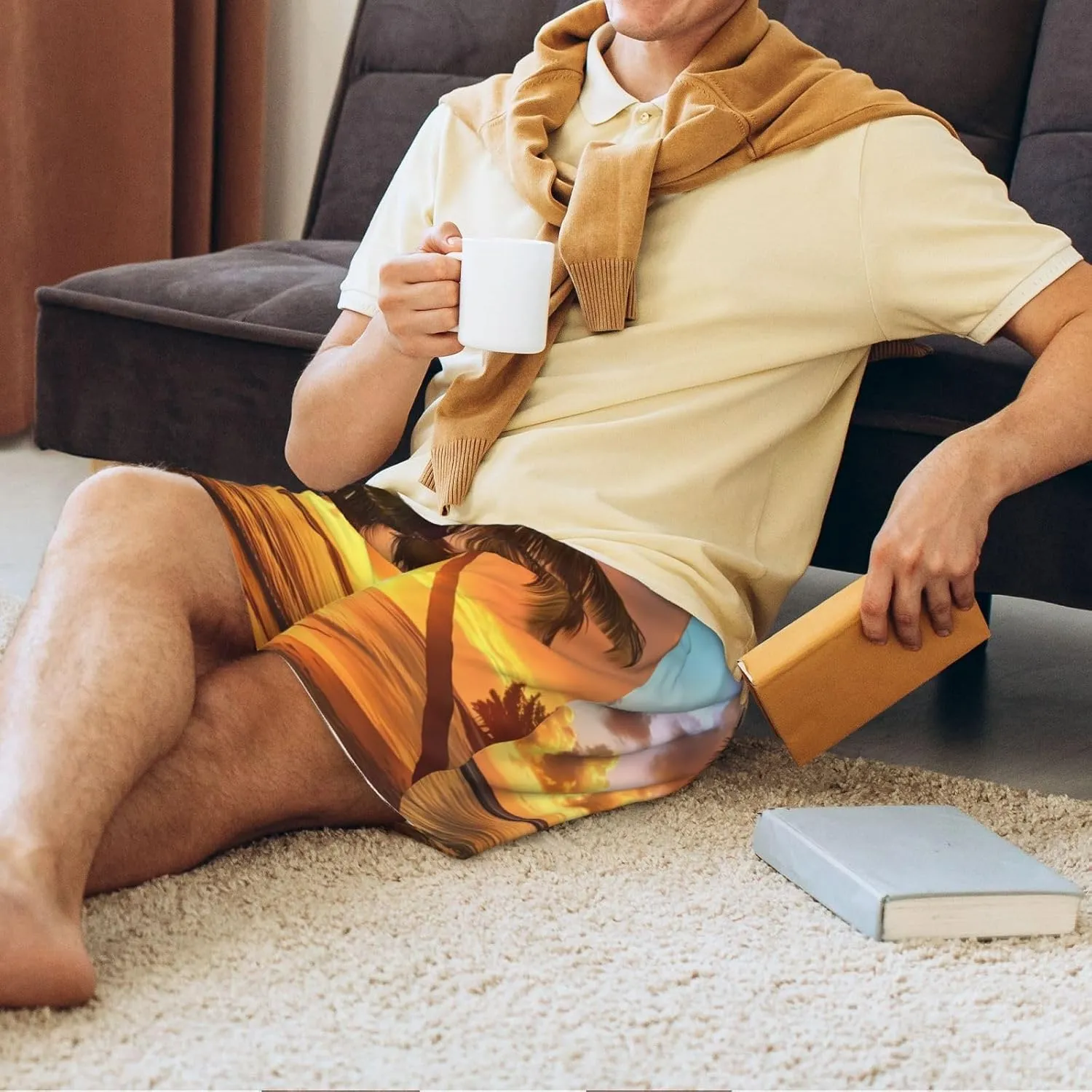 Sunset Hawaiian Palm Tree Print Men's Short Pajama Pants, Comfortable, and Breathable Sleepwear with Side Pockets
