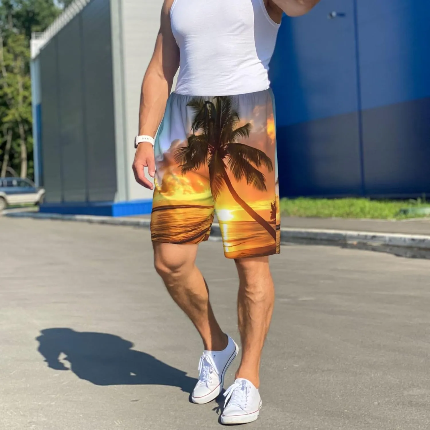 Sunset Hawaiian Palm Tree Print Men's Short Pajama Pants, Comfortable, and Breathable Sleepwear with Side Pockets
