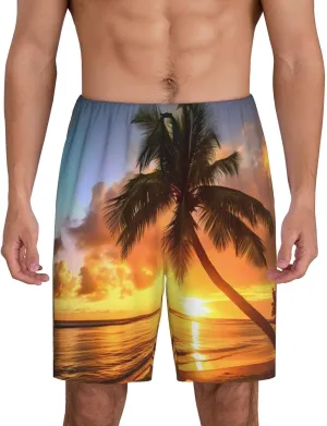 Sunset Hawaiian Palm Tree Print Men's Short Pajama Pants, Comfortable, and Breathable Sleepwear with Side Pockets
