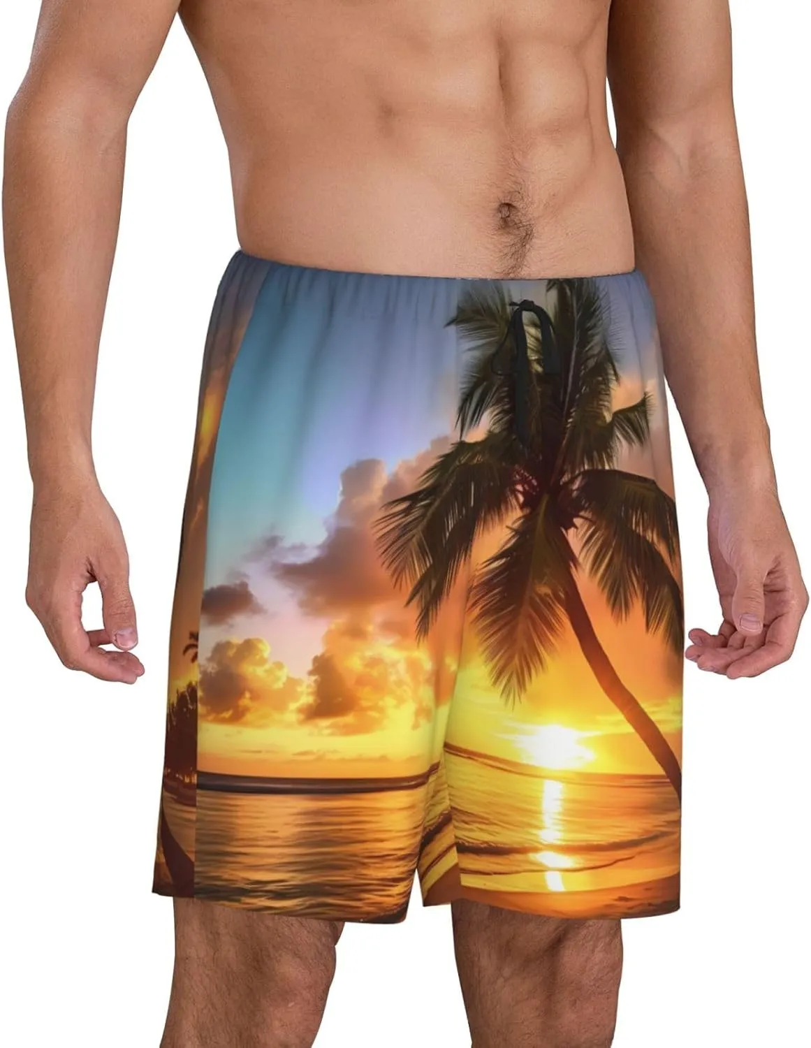 Sunset Hawaiian Palm Tree Print Men's Short Pajama Pants, Comfortable, and Breathable Sleepwear with Side Pockets
