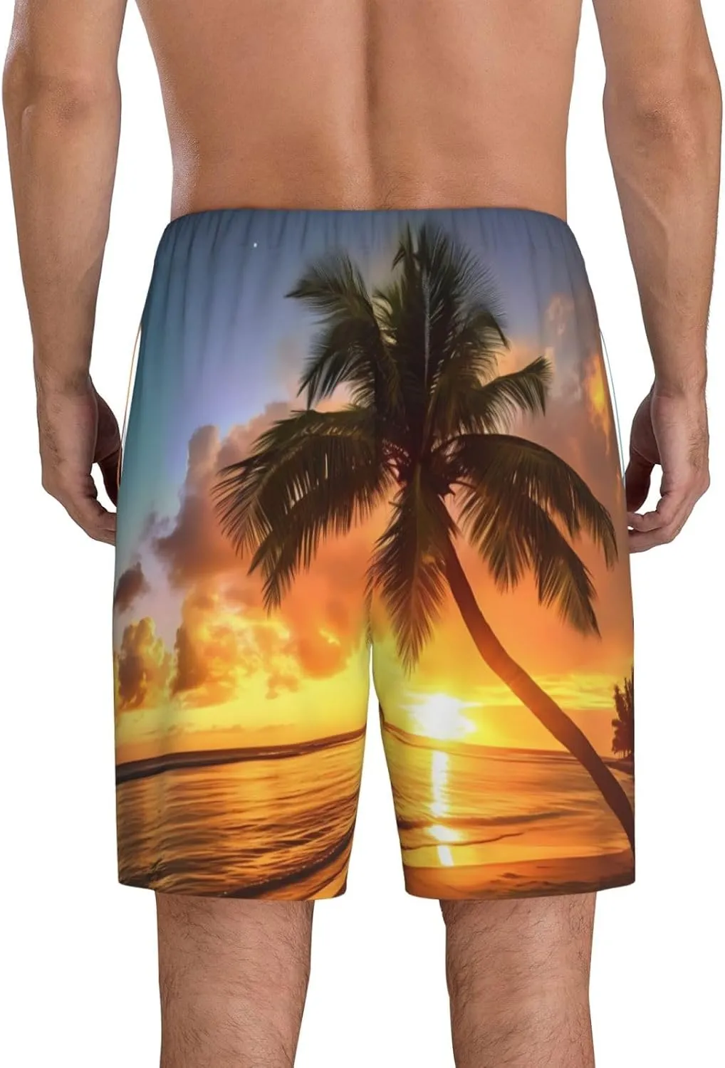 Sunset Hawaiian Palm Tree Print Men's Short Pajama Pants, Comfortable, and Breathable Sleepwear with Side Pockets