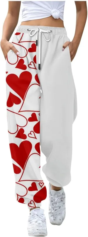 Sweatpants for Women High Waisted Loose Jogger Baggy Elastic Love Print Wide Leg Sweat Pants Pocket Athletic Trousers