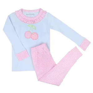 Sweet Cherry Applique Ruffle Long Pajamas