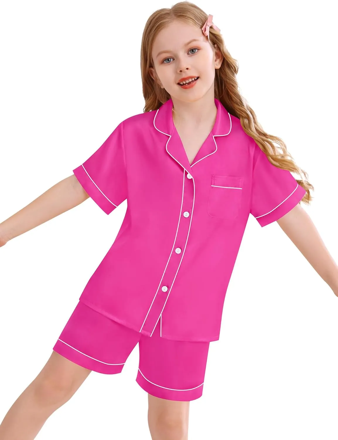SWOMOG Kids Silky Satin Pajamas Set Girls Boys Button-Down Sleepwear Short Sleeve 2 Piece PJs Sets Lounge Sets
