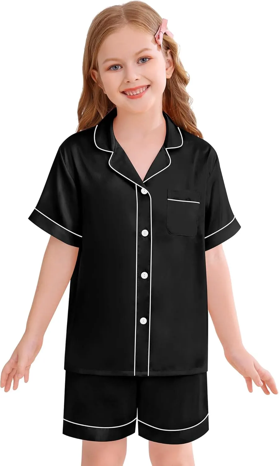 SWOMOG Kids Silky Satin Pajamas Set Girls Boys Button-Down Sleepwear Short Sleeve 2 Piece PJs Sets Lounge Sets