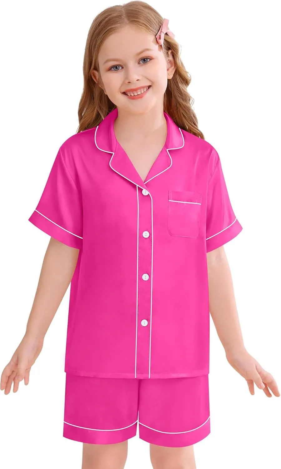 SWOMOG Kids Silky Satin Pajamas Set Girls Boys Button-Down Sleepwear Short Sleeve 2 Piece PJs Sets Lounge Sets
