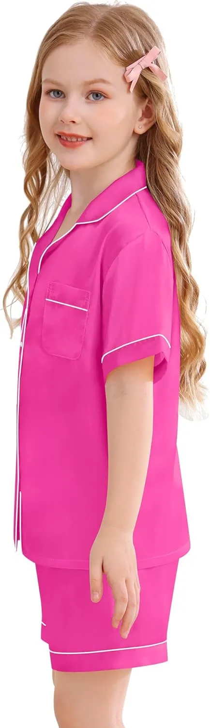 SWOMOG Kids Silky Satin Pajamas Set Girls Boys Button-Down Sleepwear Short Sleeve 2 Piece PJs Sets Lounge Sets