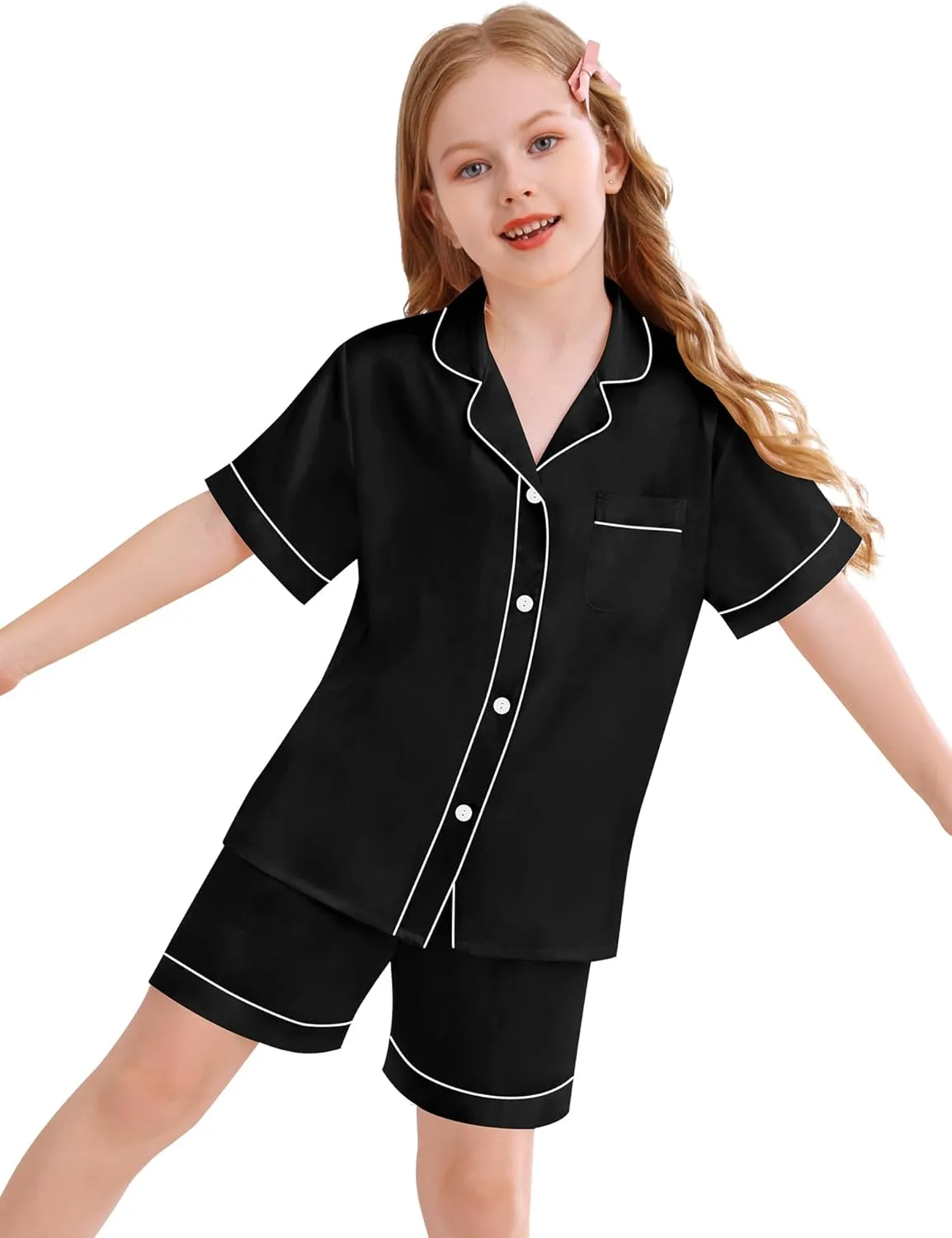 SWOMOG Kids Silky Satin Pajamas Set Girls Boys Button-Down Sleepwear Short Sleeve 2 Piece PJs Sets Lounge Sets