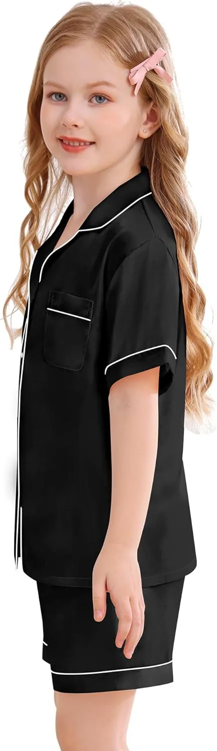 SWOMOG Kids Silky Satin Pajamas Set Girls Boys Button-Down Sleepwear Short Sleeve 2 Piece PJs Sets Lounge Sets