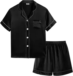 SWOMOG Kids Silky Satin Pajamas Set Girls Boys Button-Down Sleepwear Short Sleeve 2 Piece PJs Sets Lounge Sets
