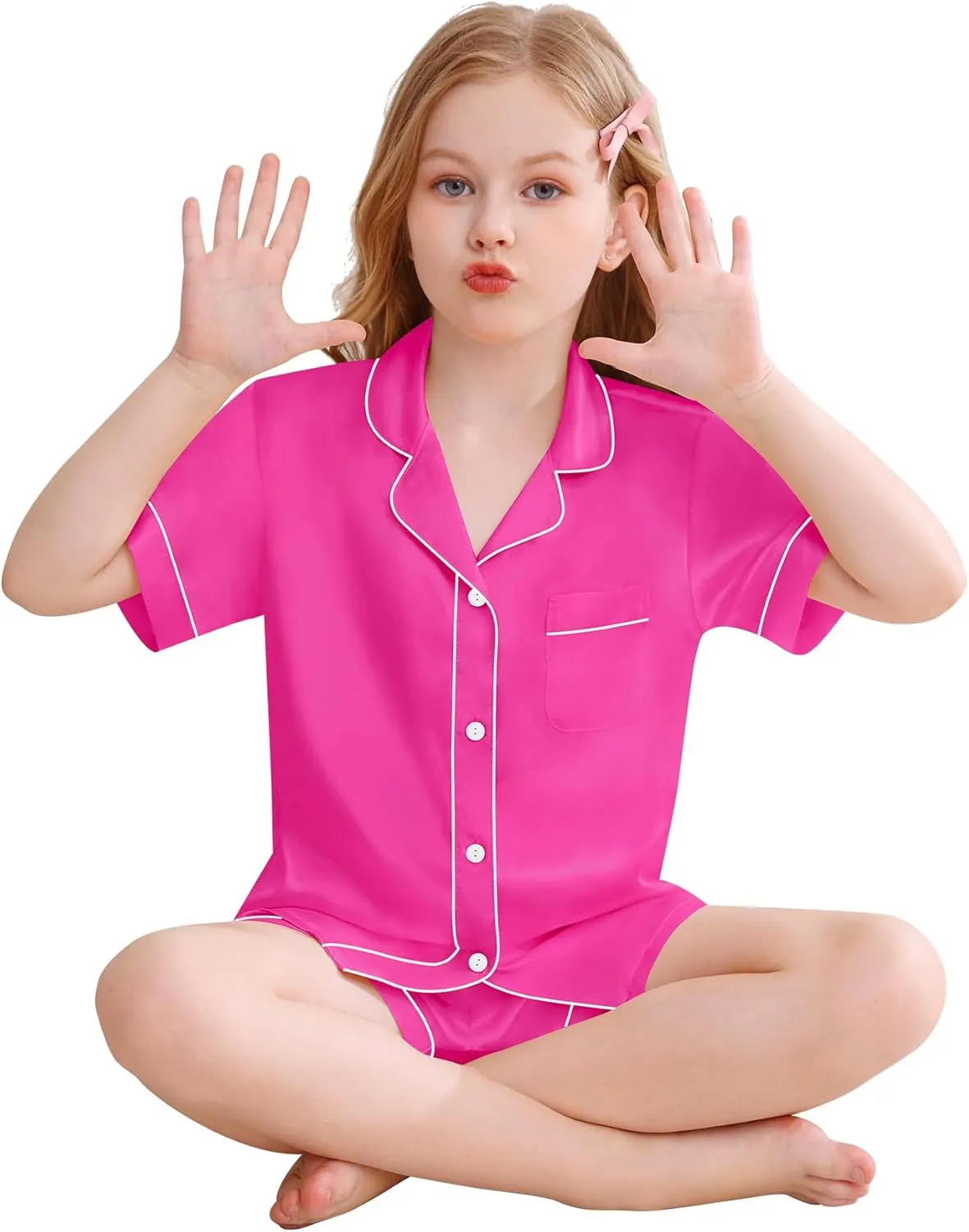 SWOMOG Kids Silky Satin Pajamas Set Girls Boys Button-Down Sleepwear Short Sleeve 2 Piece PJs Sets Lounge Sets