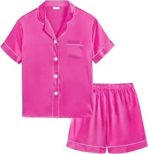SWOMOG Kids Silky Satin Pajamas Set Girls Boys Button-Down Sleepwear Short Sleeve 2 Piece PJs Sets Lounge Sets