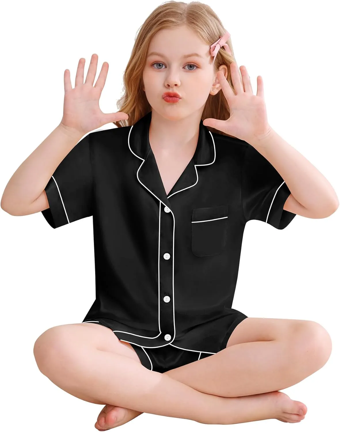 SWOMOG Kids Silky Satin Pajamas Set Girls Boys Button-Down Sleepwear Short Sleeve 2 Piece PJs Sets Lounge Sets