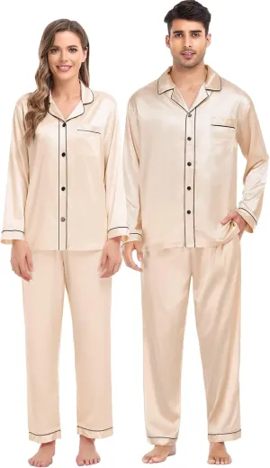 SWOMOG Women & Men Satin Pajamas Set Couple Matching Pajamas Long Sleeve Sleepwear Button Down Loungewear 2 Pcs Pj Set
